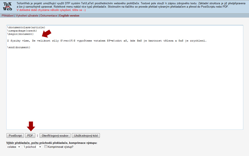 první vložený řádek v LaTeX souboru