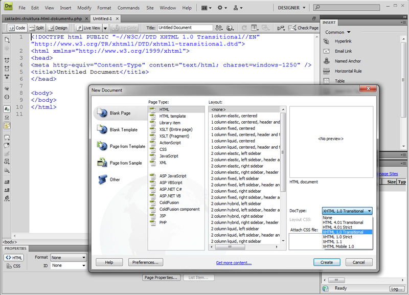 ukázka generované hlavičky v programu Adobe Dreamweaver